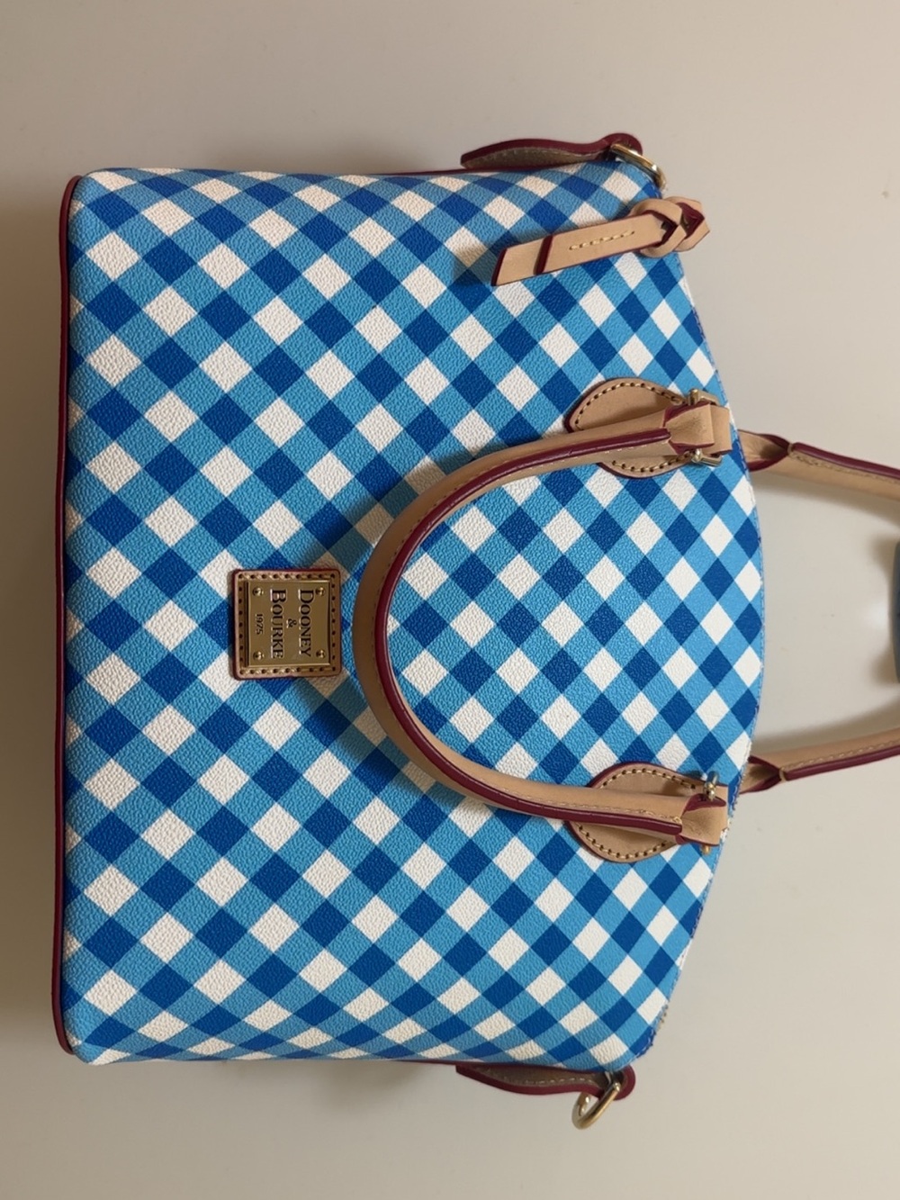 NWT Dooney & Bourke Blue Gingham Satchel with Tan Trim and Red-Edged Strap - Picture 4 of 10